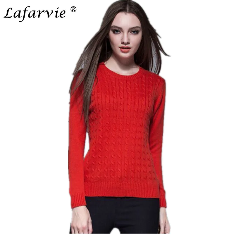 Ceny Lafarvie jesień zima kaszmir mieszane sweter z dzianiny kobiet topy O Neck pełna rękaw jakości kobiet jednolity kolor Pull