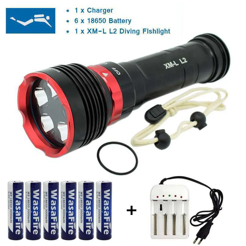XM-L2, светодиодный фонарь для дайвинга, 3 режима, фонарь для подводного плавания, 100 м, водонепроницаемая лампа для видео с аккумулятором 18650+ зарядное устройство