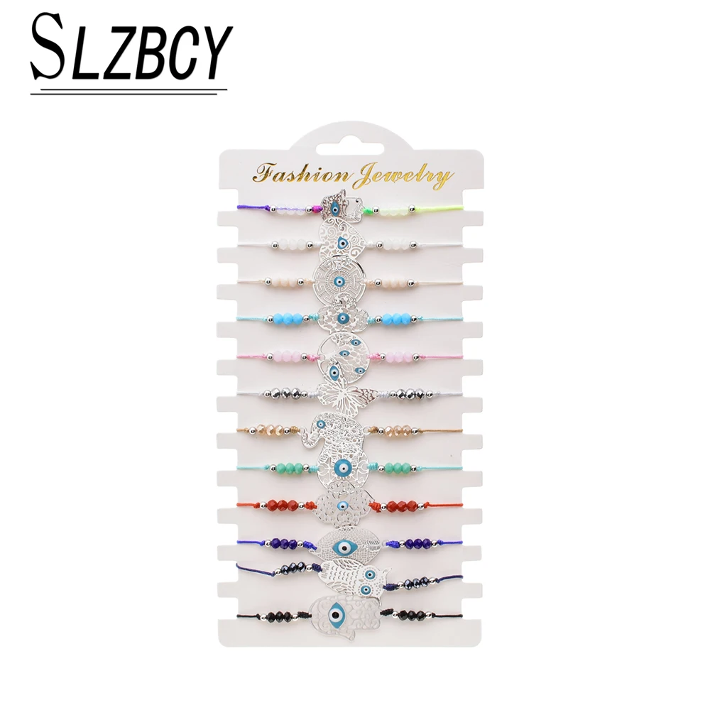 

SLZBCY 12pcs/Sets Copper Crystal Bead Palm Eye Leaf Bracelets&Bangles Women Adjustable Charms Wristband Anklets Jewelry Gift