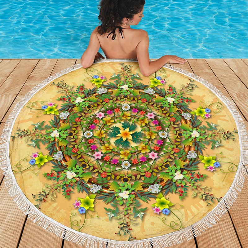 

Boho Beach Towel Microfiber Round Beach Towel Quick Dry Large Beach Mat Mandala Sports Swimming Pool Towel Psychedelic Flowers