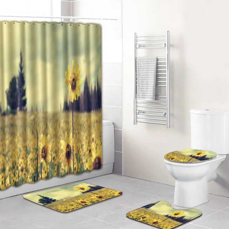 T Подсолнух 4 шт занавеска для душа Противоскользящий коврик для ванной комнаты Набор цветок коврик для ванной желтый ковер коврик для туалета с крышкой сиденья Toillete - Цвет: L453