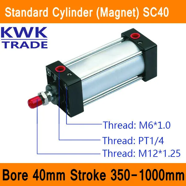 SC40 Standard Air Cylinders Valve Magnet Bore 40mm Strock 350mm to 1000mm Stroke Single Rod Double
