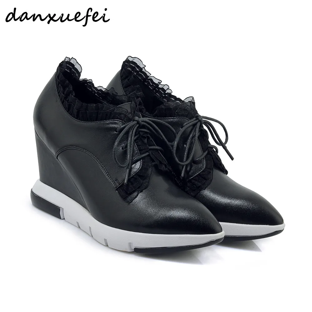 

Women's genuine leather wedge pointed toe lace-up flats oxfords brand design Flounce korean style fashion leisure comfort shoes