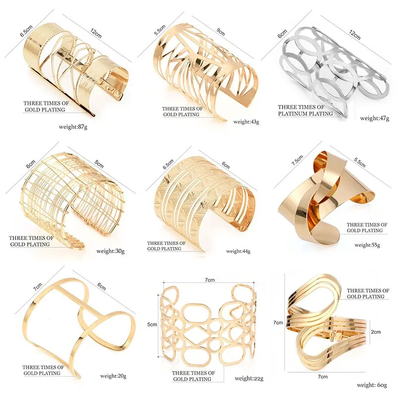 Полые широкие браслеты-манжеты и браслеты для женщин мужчин золотого и серебряного цвета сплав открытый большой мужской женский браслет модное ювелирное изделие