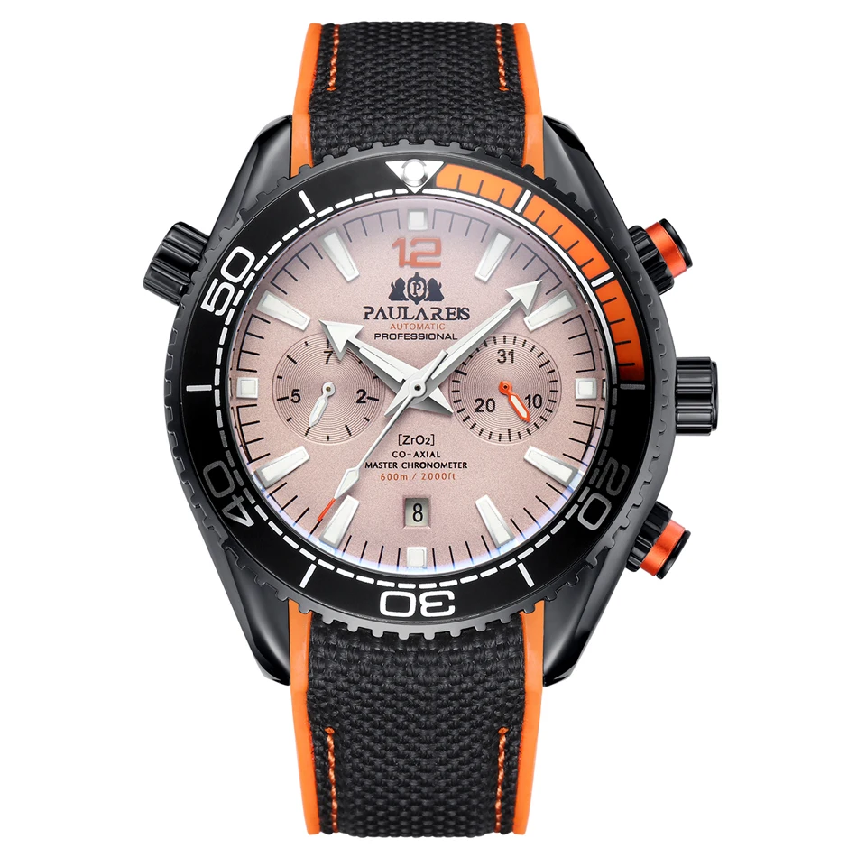 Black Orange Grey Мужские автоматические механические холщовые резиновые часы James Bond 007 стильные оранжевые синие многофункциональные спортивные часы с датой и месяцем - Цвет: Black Orange Grey