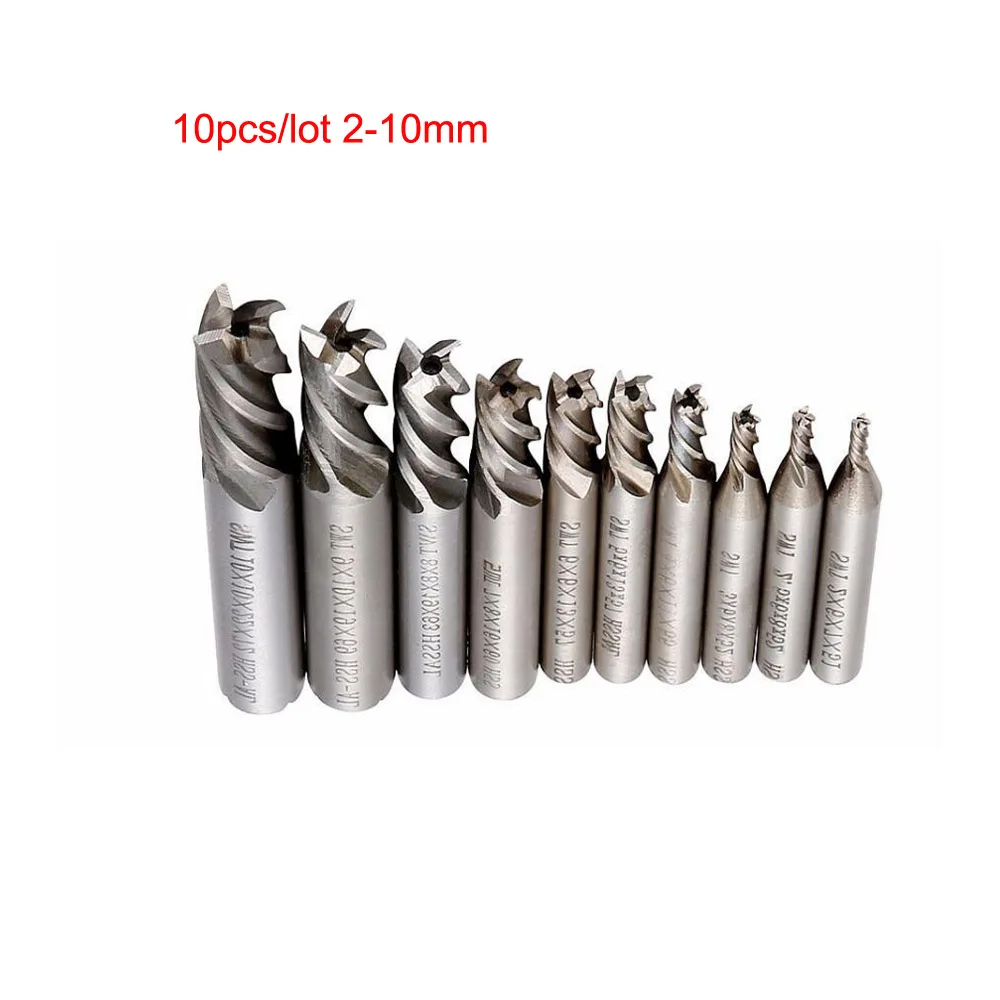 

10pcs/lot Carbide End Mill HSS 4 Flutes 2mm-10mm Diameter Milling Cutter Straight Shank Router Bits Kit Engraving CNC Tools