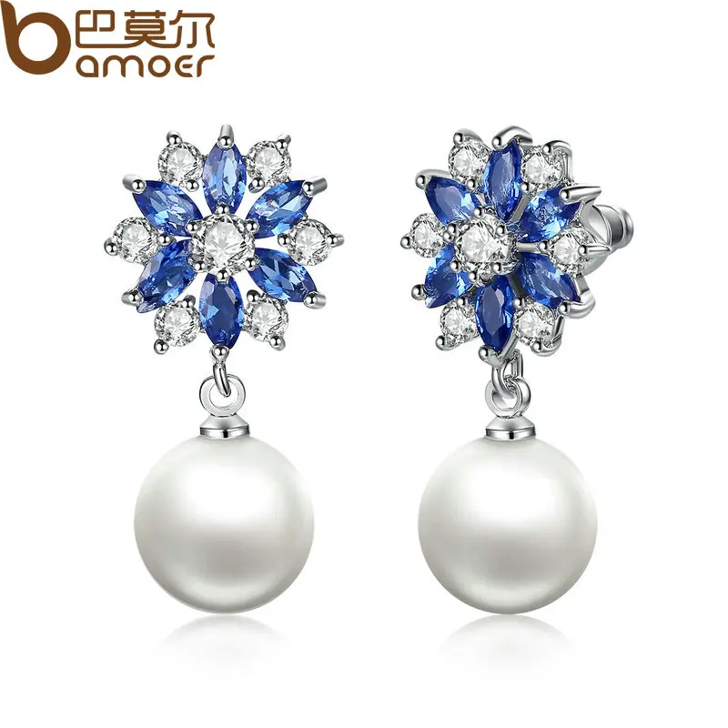 

BAMOER Silver Color Blue Crystals Simulated Pearl Dangle Earrings Drop Earrings for Women Earrings Engagement Jewelry JIE069