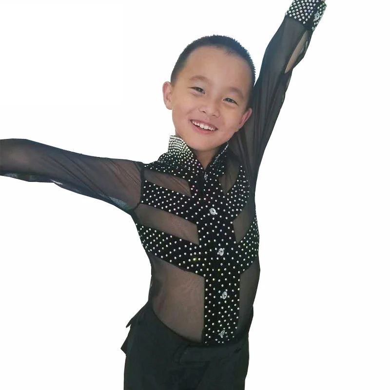 

Cheap Latin Dance Tops for Children Black Long Sleeve Shirt New Arrival Fashion Boy Male Ballroom Tango Competitive Wears N7022