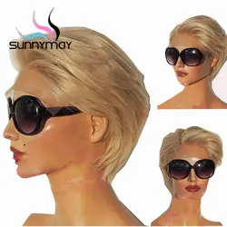 Sunnymay короткий парик-Боб предварительно сорвал блондинка синтетические волосы на кружеве парик Glueless прямые человеческие волосы