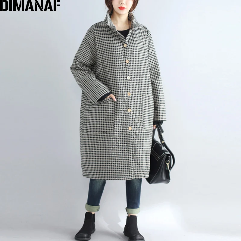 

DIMANAF Women Parkas Long Coat Cotton Clothing Thicken Warm Autumn Winter Plus Size Female Vintage Plaid Loose Outerwear 2018