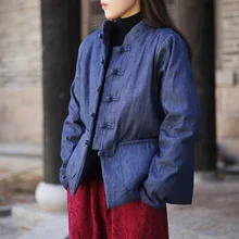 Johnature женские джинсовые синие парки со стоячим длинным рукавом ВИНТАЖНЫЕ пальто осень зима новые свободные карманы теплые парки Пальто