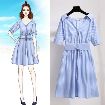 

2020 Summer Women Dress Plus Size Blue Striped Dresses V-neck Midi Vestidos De Fiesta Knee-length Casual A-line Elegant Dress