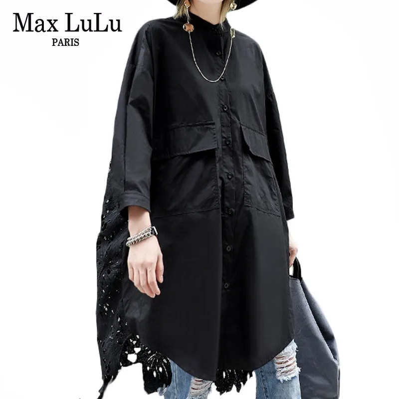 Max LuLu Осенняя мода Корейская женская сексуальная одежда женские кружевные топы и блузки повседневные хлопковые рубашки с длинным рукавом размера плюс