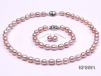 

Unique Pearls jewellery Stone Real Pearl Jewellery Set 7-8mm Purple Rice Freshwater Pearl Necklace Bracelet Earring