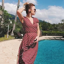 Polka Dot Long Dress Women Sexy V-Neck Short Sleeve Ruffle Wrap Split Maxi Boho Dress Summer Beach Party Red Long Dresses