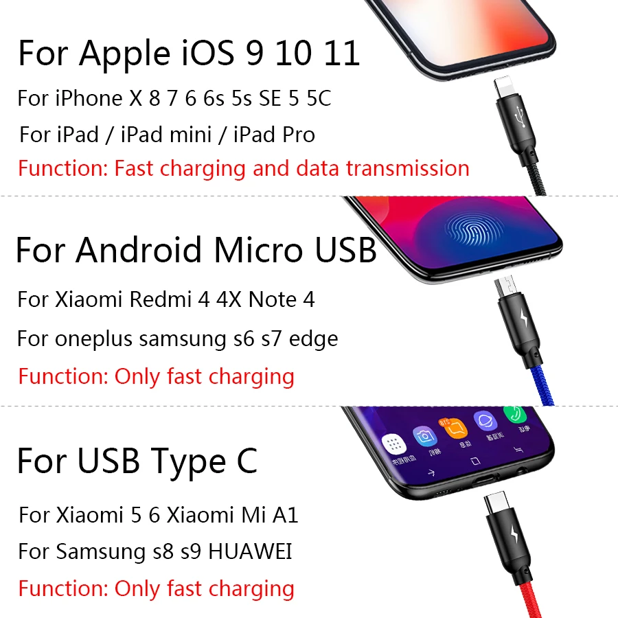 Baseus 3в1 USB кабель для мобильного телефона Micro type usb C кабель для зарядного устройства для iPhone samsung 6 кабель для зарядки Micro USB шнур для зарядного устройства