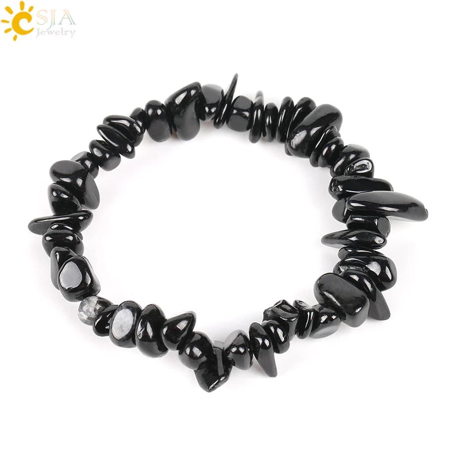 

CSJA Natural Gem Stone Chip Beads Chakra Black Tourmaline Bracelets for Women Small Size Reiki Healing Meditation Aura Gift E705