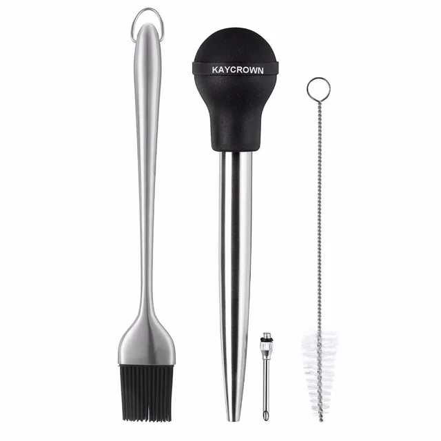 Kaycrown Stainless Steel Turkey Baster With BBQ / Grill Basting Brush, High Quality FDA Rubber