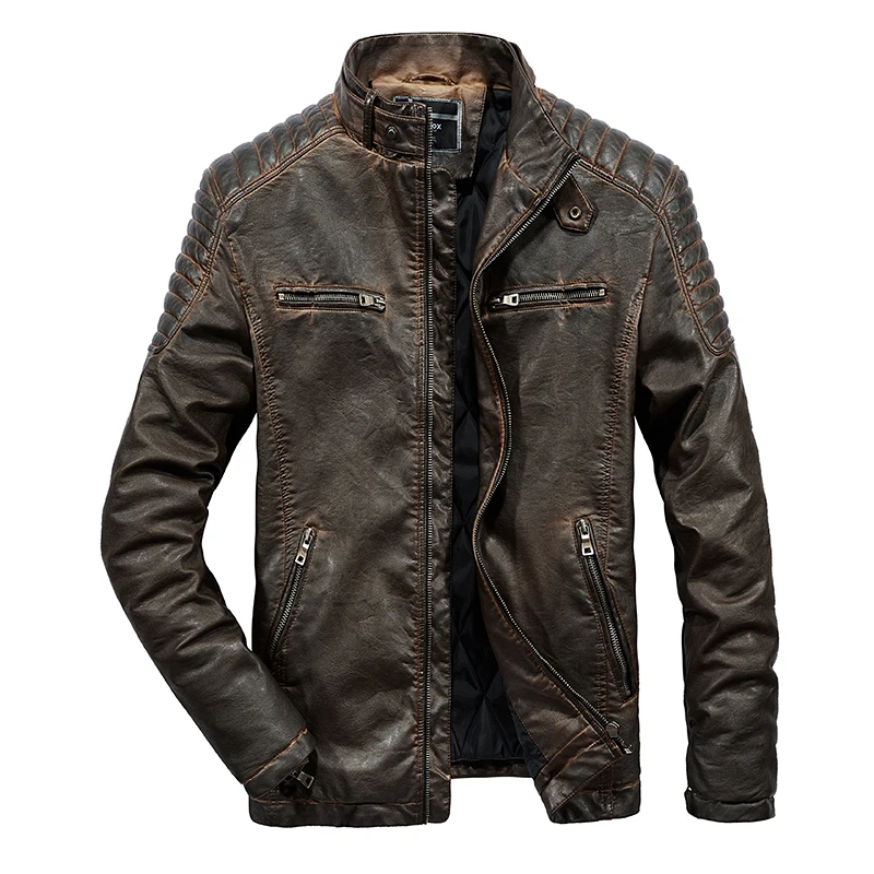 

Brand Men's Leather Jacket Stand Collar Slim Fat EUR Size Male Vintage Bike PU Leather Jackets Men Casual Moto Jacket Coat BF06