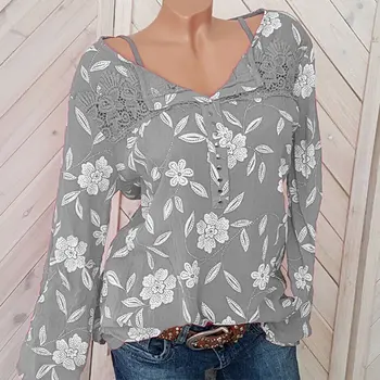 

Office Lady Women's Blouse Printed Hollow Out Lace Spliced Top Plus Size 4XL 5XL 2020 Spring Long Sleeve Button Blouses Women