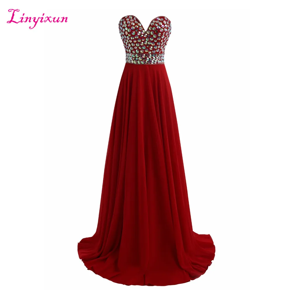 

Linyixun Real Photo Chiffon Red Sweetheart Prom Dresses 2017 New Sweep Train Crystal Party Evening Gown Luxury Vestido de festa
