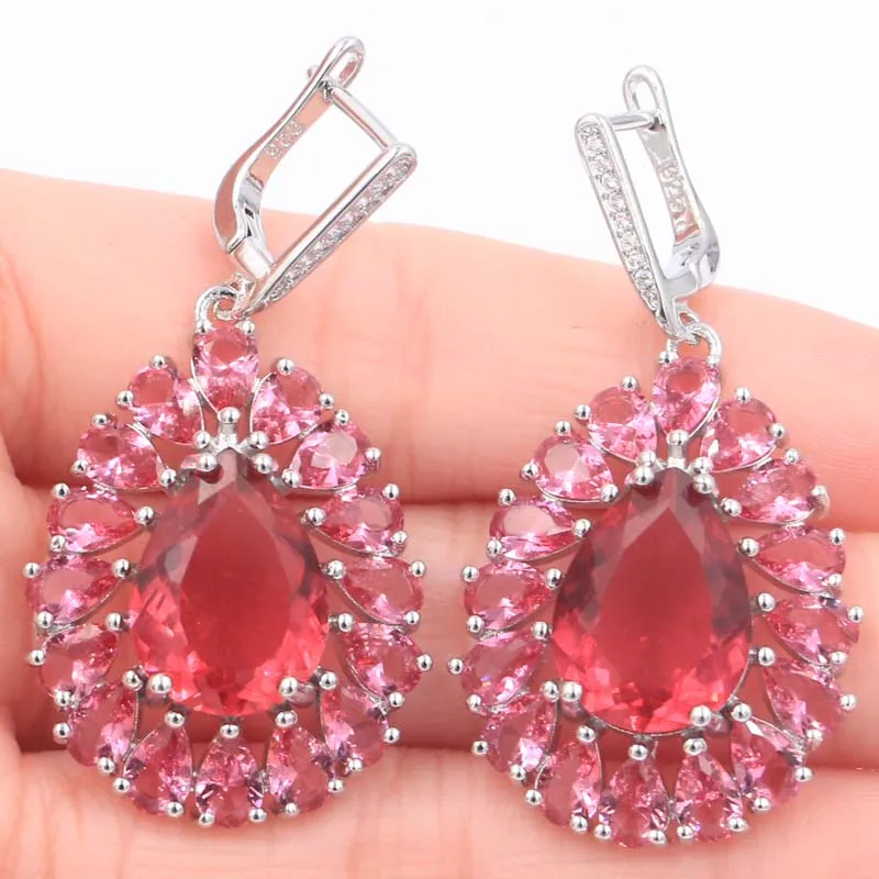 

Hot Sell Long Pink Tourmaline CZ Woman's Party Silver Earrings 47x25mm