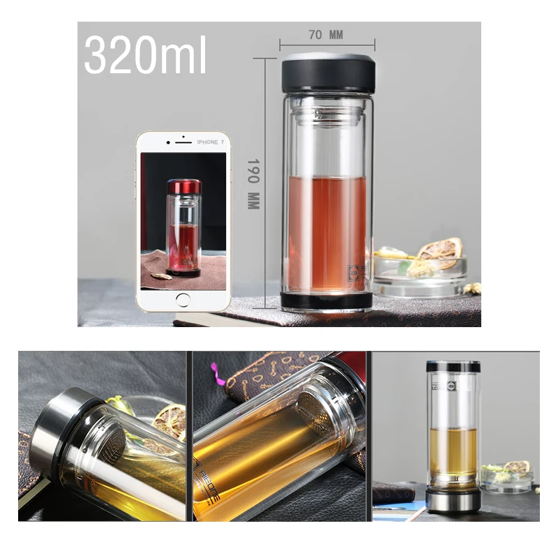 320ml 280ml Business Type Water Bottle Glass Bottle With Stainless Steel Tea Infuser Filter Double Wall Glass Sport Water Tumble