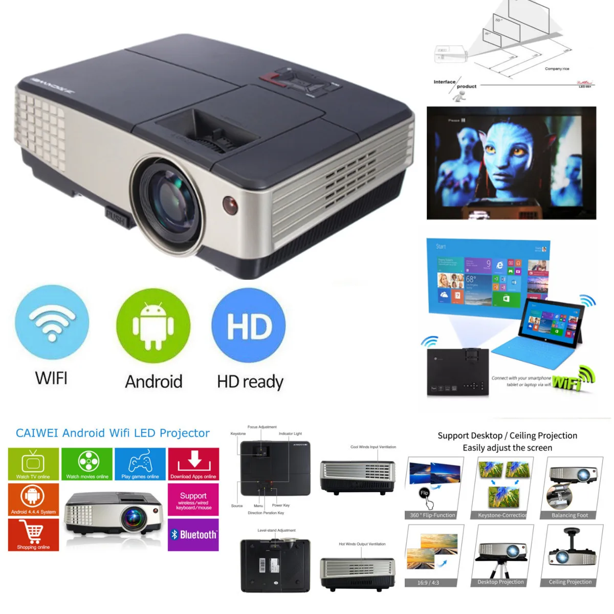 

7000 Lumens A3+AB Projector 1080P Full HD LCD Wifi Home Theater Cinema 72W LED Android 4.4 Bluetooth Multimedia Beamer