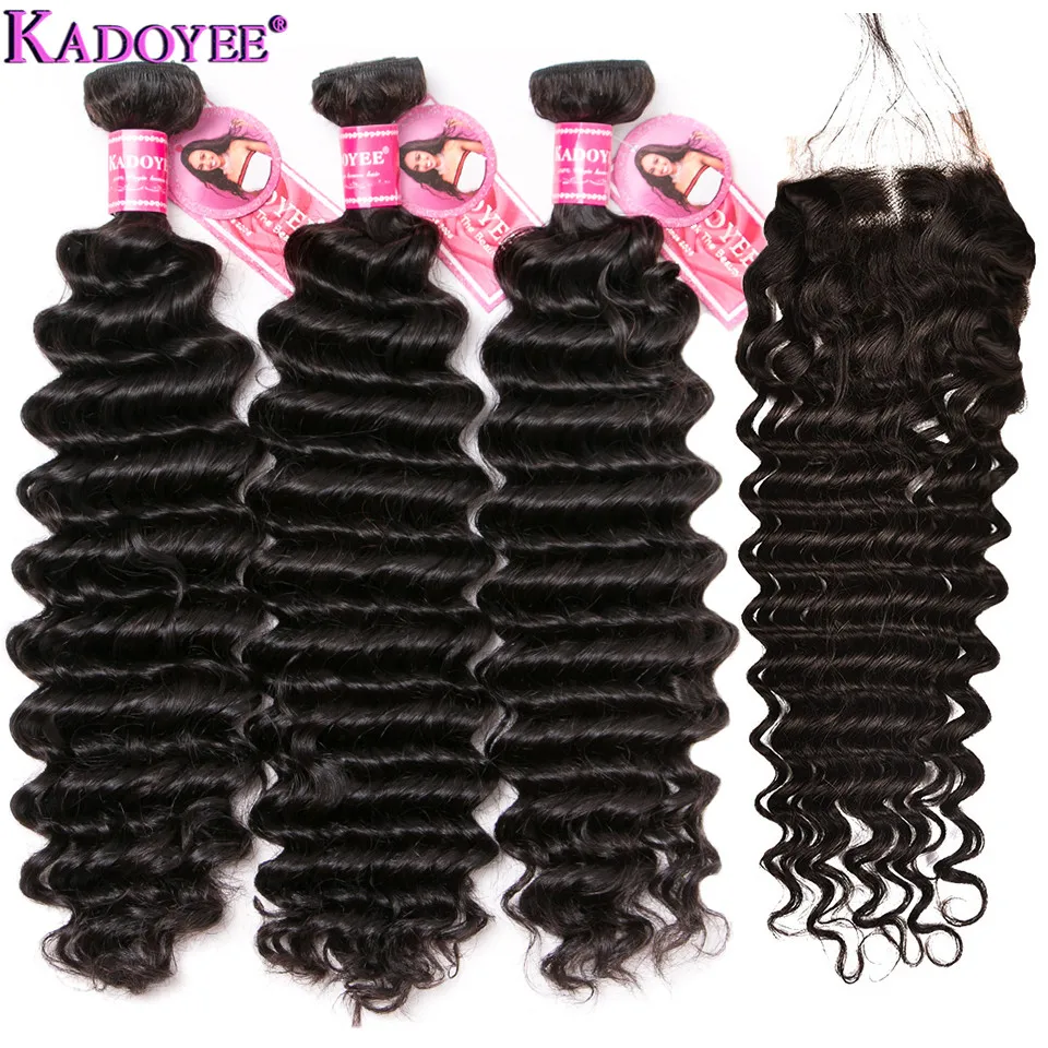 KADOYEE глубокая волна волос Плетение пряди и закрытие бразильские человеческие волосы remy 3 пряди с закрытием "-26" средний коэффициент для женщин