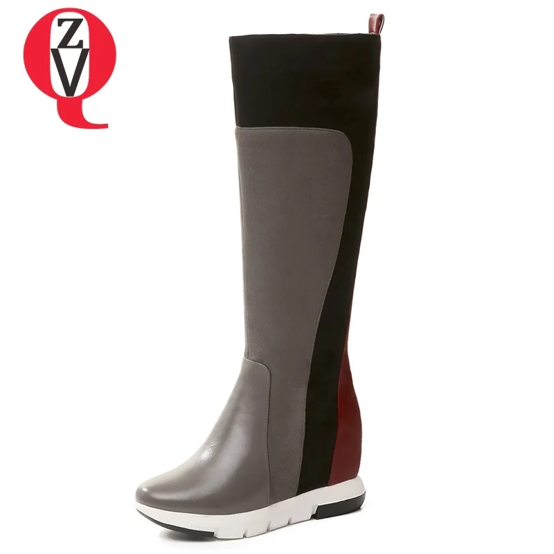 

ZVQ new mixed colors genuine leather and kid suede super high wedges platform zip knee high boots outside casual women shoes