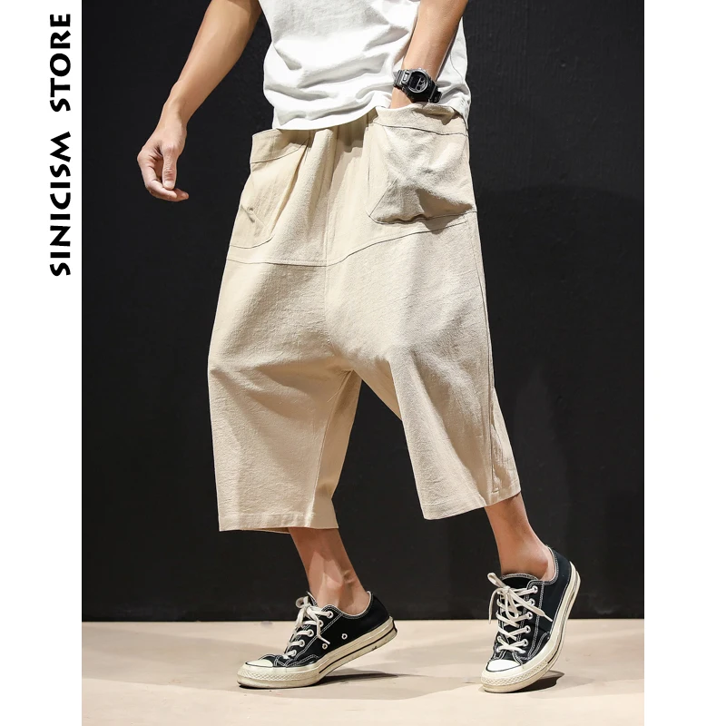 

Sinicism Store Summer 5XL Wide Crotch Harem Pants Mens Broad Leg Baggy Pants 2019 Male Casual Big Pocket Cotton Linen Trousers