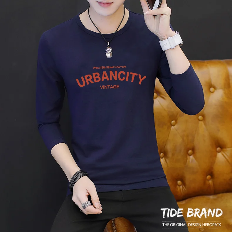 

Spring and Autumn Men's T-shirts with Long Sleeves T-shirts with Round Necks Bottom Shirts Students'Printed Thicker T-shirts and