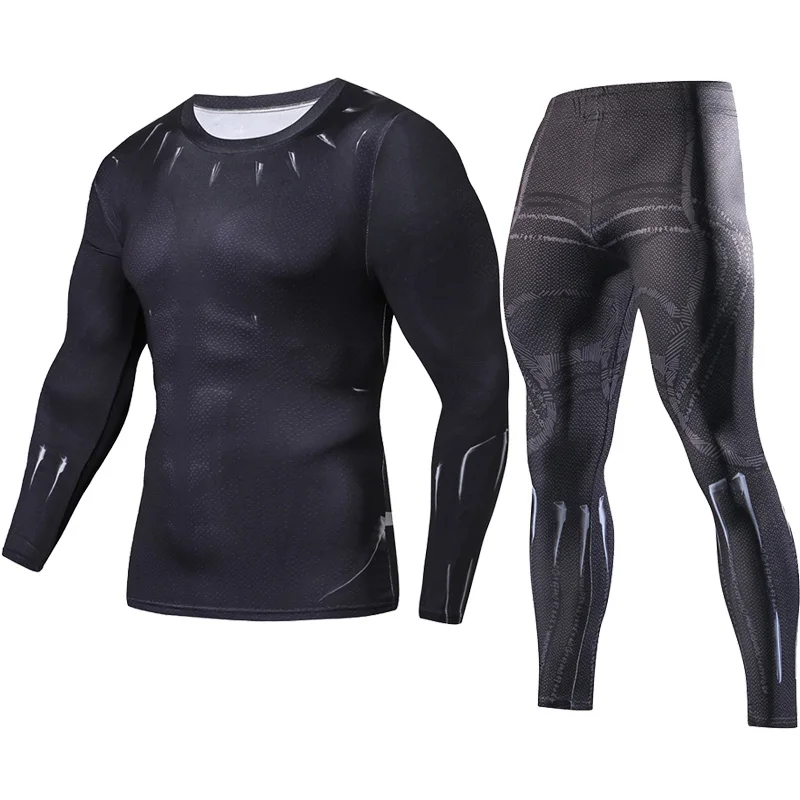 Preise 2018 männer Fitness Kleidung Schwarz Panther Set Mode Set + Leggings Basis Schicht Sets 3D Drucken Volle Kompression Sets