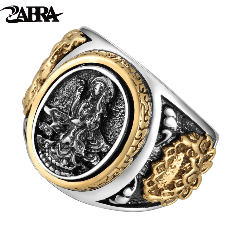 Ceny ZABRA Vintage buddyzm bogini 925 srebrny smok męski pierścionek złoty retro czarny mężczyzna srebrny pierścień Sterling Biker Man Rings biżuteria