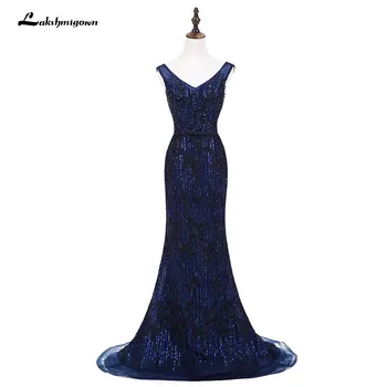 

V-Neck Sequined Open Back Mermaid Long Evening Dress Navy blue Party Prom Gowns Vestido De Festa