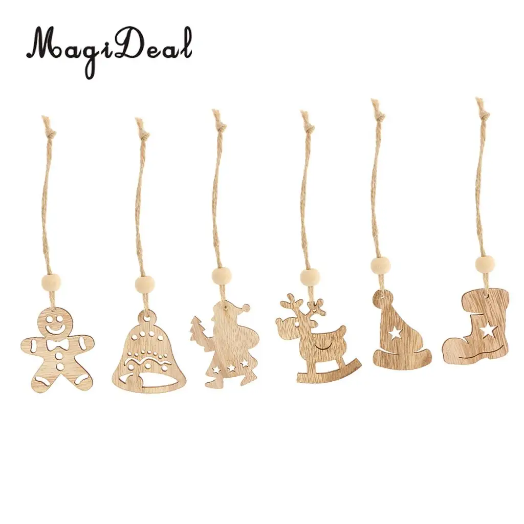 MagiDeal Excellent 6Pcs/Lot Differ Shape Wooden Christmas Tree Home Party Decorations for Xmas Hanging Ornaments Craft Projects