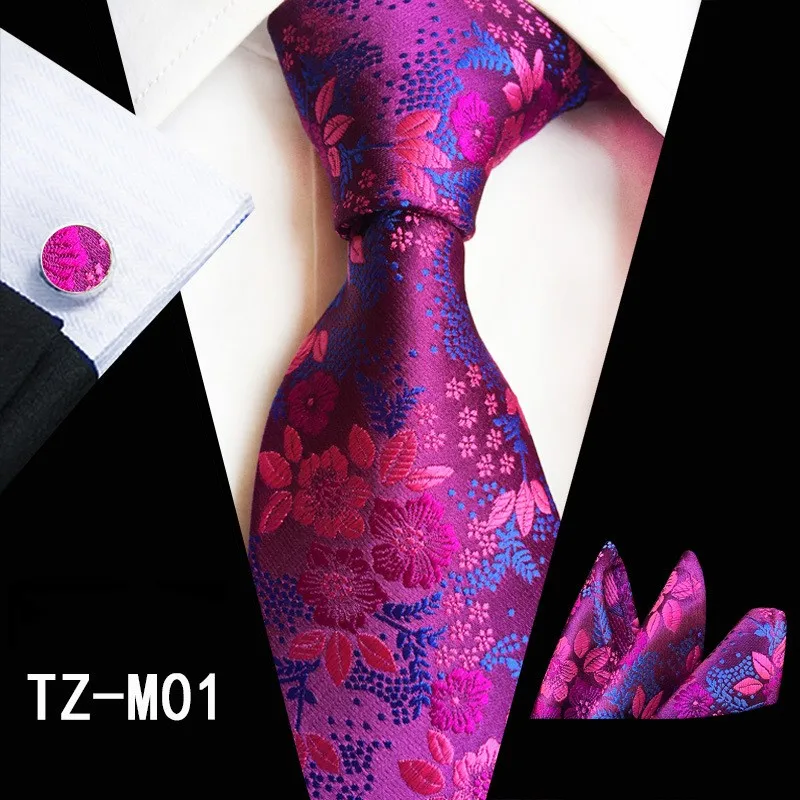 Модный стиль шелковые мужские галстуки черные винные серебряные жаккардовые галстуки тканевые Hanky набор запонок для свадебной вечеринки - Цвет: TZ-M01