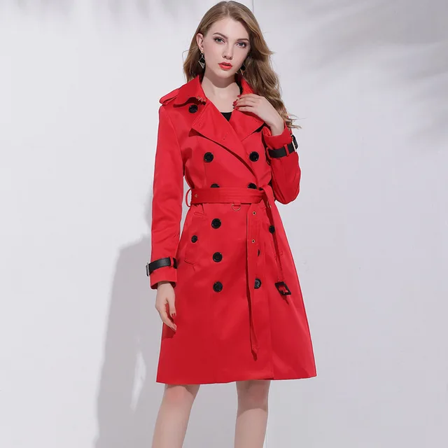 2018 Autumn Winter Double Breasted Red Long Trench Coat Women High ...