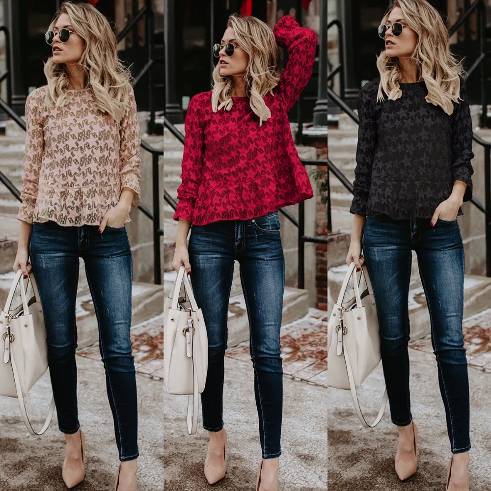 

2018 High Fashion Spring Summer Women Lace Blouses Sexy mesh See-through O-neck Long Flare Sleeves Solid Star Shirt Blouse