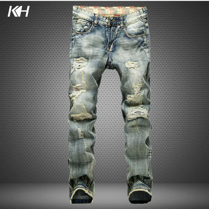 KH Men's Fashion Skinny Jeans Mens Broken holes Straight Worn out Jeans