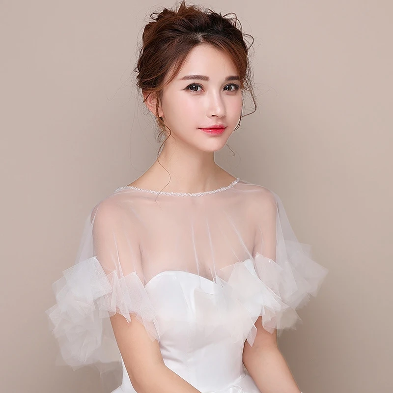

New universal white ruffle tulle summer wedding bridal wrap jackets cut edge free shipping