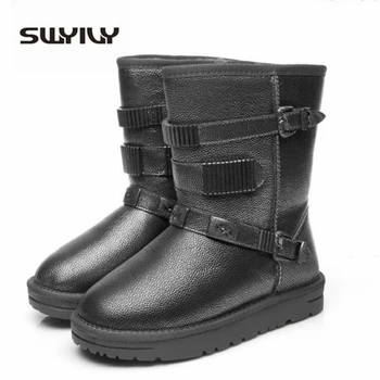 

SWYIVY Genuine Leather Shoes Platform Woman Winter Boots 2019 Waterproof Wool Fur Snow Boots Ladies Mid Calf Boots Shoes Women