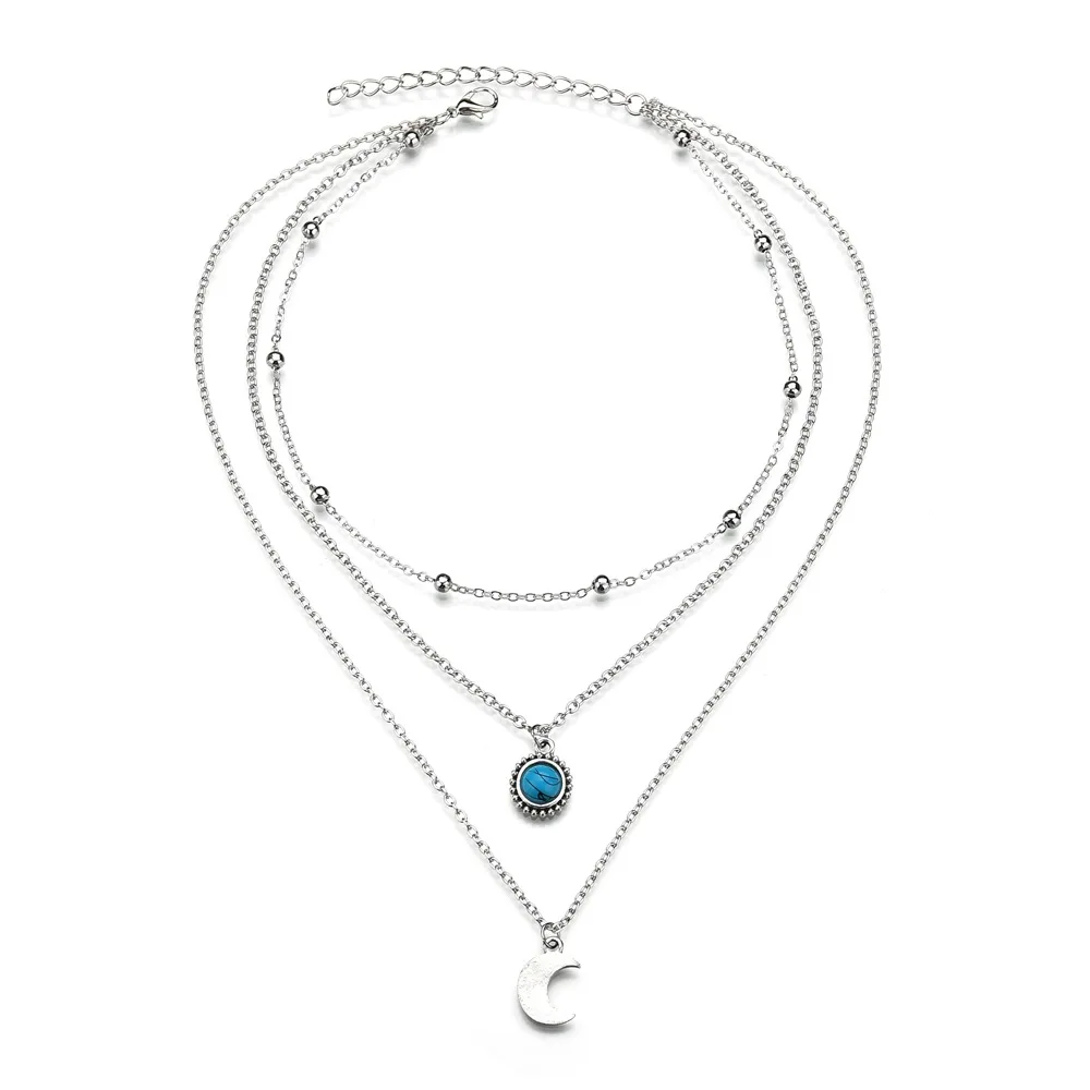 2019european And American Fashion Popular Three-layer Necklace Female Evil Eye Jewelry Turquoises Stone Classic Moon New - Image 4