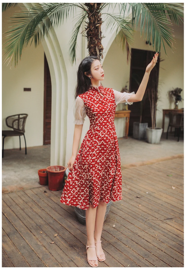 Trytree Summer Women Dress Casual Elegant Mandarin Collar Lantern Sleeve Ruffles Print Dresses Mid-Calf A-line Cheongsam Dress