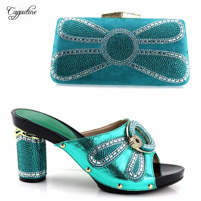 

Popular teal green slip on high heel lady shoes with handbag set nice pumps ans bag YH2018-02, heel height 9.5cm