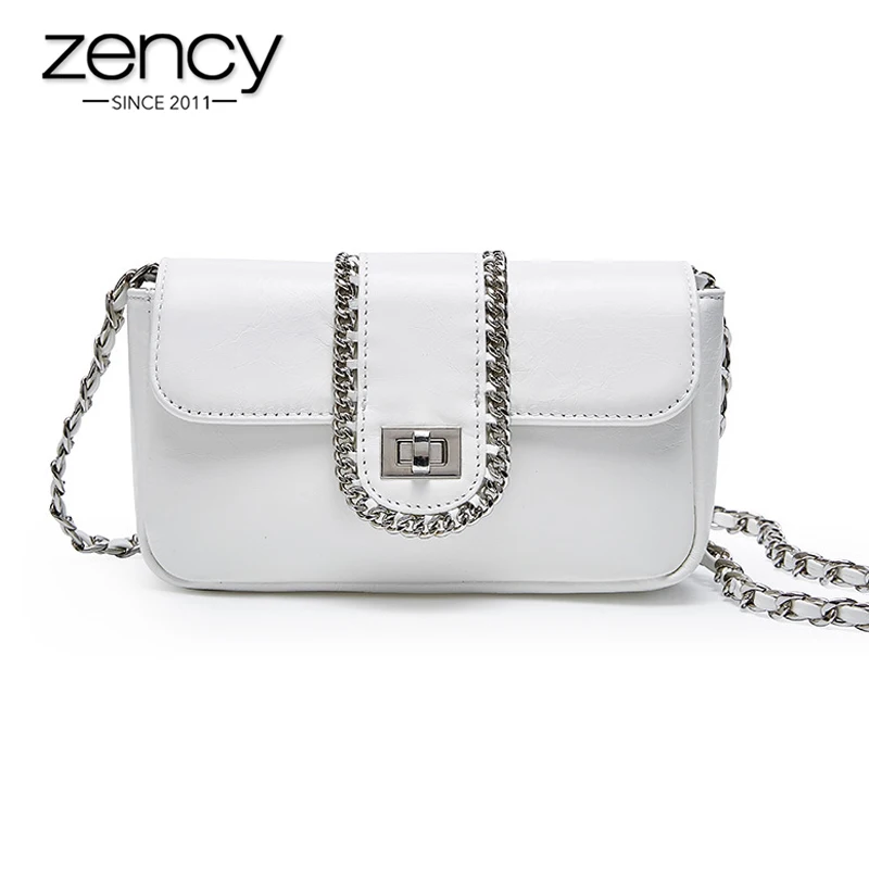 

Zency 100% Genuine Leather Handbag Summer White Luxury Lady Crossbody Bag Chain Small Flap Party Shoulder Purse Silver Black