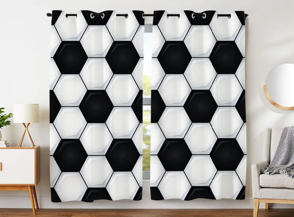 

HommomH Curtains (2 Panel) Grommet Top Darkening Blackout Room Football Black And White Hexagon