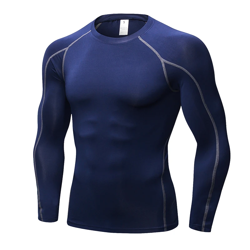 Новинка, мужские профессиональные облегающие футболки для бега, дышащие топы с длинным рукавом, защита мышц, высокоэластичные спортивные тренировочные футболки, 2XL - Цвет: Navy blue