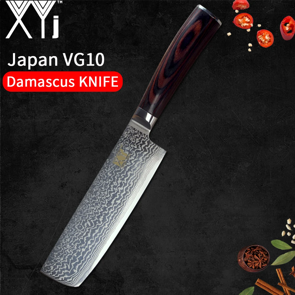XYj Дамасская сталь кухонный нож Фруктовый нож Santoku разделочные нарезки шеф-повара Япония VG10 Core 67 слой Мясорубка инструменты для приготовления пищи