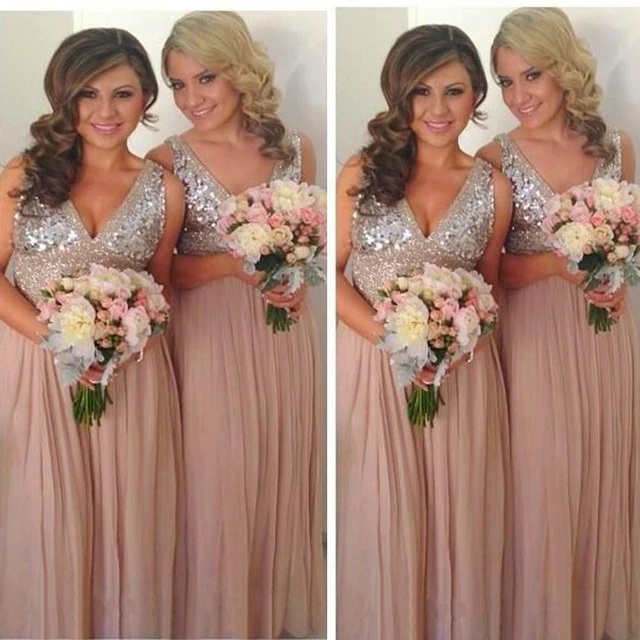 Shiny V Neck Top Silver Sequined Bride Maid Dress 2017 Sparkly